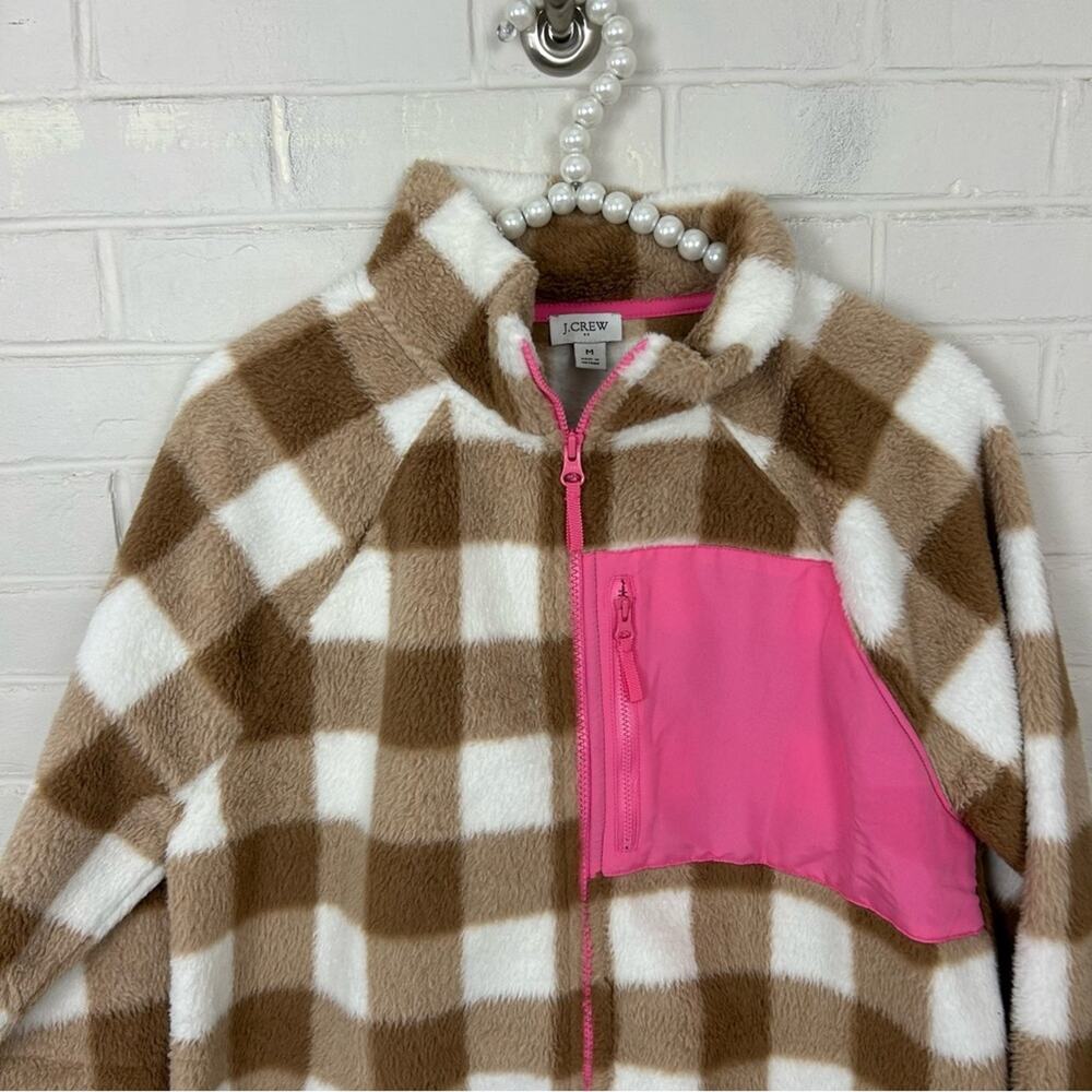 J.Crew Tan & White Check Plaid Fleece Zip Up Jacket Size M - Picture 5 of 13